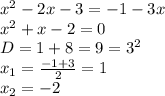 x^2-2x-3=-1-3x
\\x^2+x-2=0
\\D=1+8=9=3^2
\\x_1= \frac{-1+3}{2}=1
\\x_2=-2