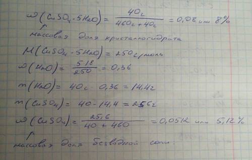 В460 г воды растворили 40 г cuso4∙5н2о. вычислите массовую долю кристаллогидрата и безводной соли.