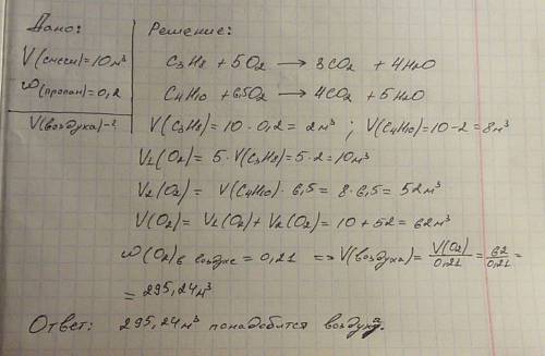 Смесь пропана и бутана объемом 10 м ^ 3, с массовой долей пропана в ней 0.2 сожгли. какой объем возд