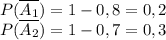 P(\overline{A_1})=1-0,8=0,2
\\P(\overline{A_2})=1-0,7=0,3