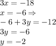 3x=-18\\
x=-6 \Rightarrow \\
-6+3y=-12\\
3y=-6\\
y=-2