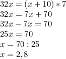 32x=(x+10)*7
\\ 32x=7x+70
\\ 32x-7x=70
\\25x=70
\\x= 70:25
\\x=2,8


