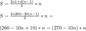 S= \frac{2a1+d(n-1)}{2} *n \\ \\ S= \frac{2*260-20(n-1)}{2} *n= \\ \\ (260-10n+10)*n=(270-10n)*n 

