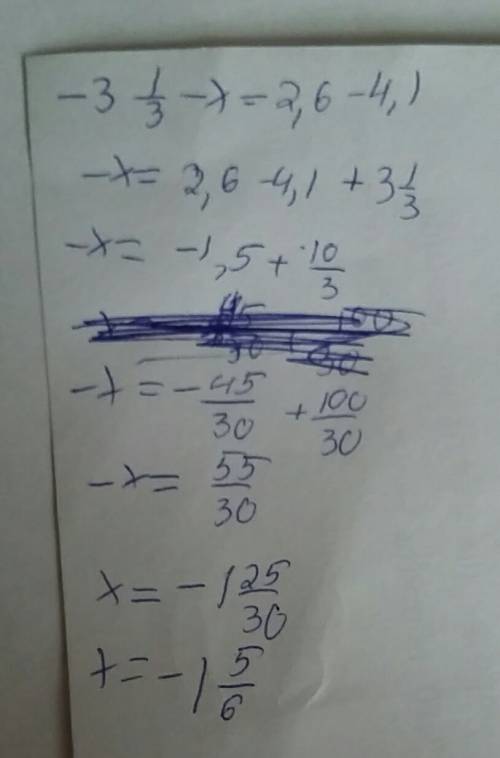Решите уравнение: -3 1/3-х=2,6-4,1 заранее