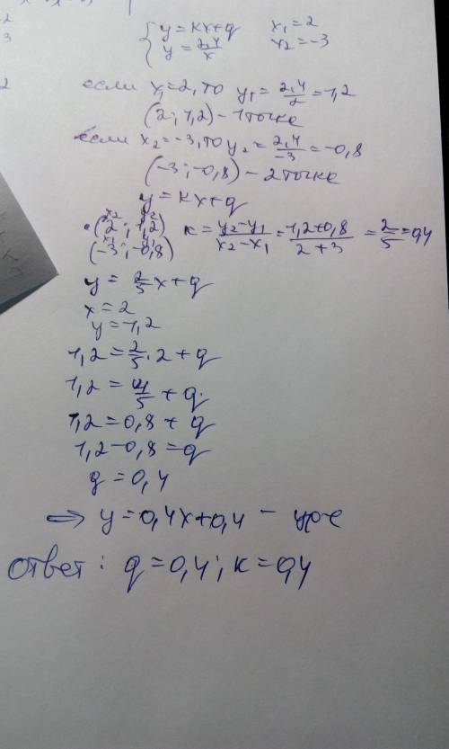Найти коэффициенты k и q уравнения прямой y = kx + q, которая пересекает гиперболу y = 2,4\x в точка