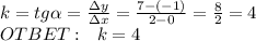 k=tg\alpha= \frac{\Delta y}{\Delta x} = \frac{7-(-1)}{2-0} = \frac{8}{2} =4\\
OTBET: \ \ k=4