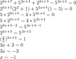2^{3x+7}+5^{3x+4}+2^{3x+5}-5^{3x+5}=0 
\\2^{3x+5}(2^2+1)+5^{3x+4}(1-5)=0
\\5*2^{3x+5}-4*5^{3x+4}=0
\\5*2^{3x+5}=4*5^{3x+4}
\\ 2^{3x+5-2}=5^{3x+4-1}
\\2^{3x+3}=5^{3x+3}
\\( \frac{2}{5})^{3x+3}=1
\\3x+3=0
\\3x=-3
\\x=-1
