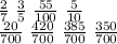 \frac{2}{7} \ \frac{3}{5} \ \frac{55}{100} \ \frac{5}{10} \\
 \frac{20}{700} \ \frac{420}{700} \ \frac{385}{700} \ \frac{350}{700}