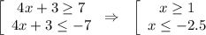 \left[\begin{array}{ccc}4x+3 \geq 7\\ 4x+3 \leq -7\end{array}\right\Rightarrow\,\,\,\, \left[\begin{array}{ccc}x \geq 1\\ x \leq 
-2.5\end{array}\right