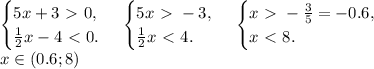 \begin{cases}5x+3\ \textgreater \ 0,\\
\frac{1}{2}x-4\ \textless \ 0.\end{cases}\,\begin{cases}5x\ \textgreater \ -3,\\
\frac{1}{2}x\ \textless \ 4.\end{cases}\,\begin{cases}x\ \textgreater \ -\frac{3}{5}=-0.6,\\
x\ \textless \ 8.\end{cases}\\
x\in(0.6;8)