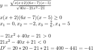 y=\frac{\sqrt{x(x+2)(6x-7)(x-5)}}{\sqrt{40x-21x^2-21}}\\\\
x(x+2)(6x-7)(x-5) \geq 0\\
x_1=0,x_2=-2,x_3=\frac{7}{6},x_4=5\\\\
-21x^2+40x-21 \ \textgreater \ 0\\
21x^2-40x+21 \ \textless \ 0\\
D'=20*20-21*21 = 400 - 441 = -41\\