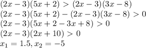 (2x-3)(5x+2) \ \textgreater \ (2x-3)(3x-8)\\
(2x-3)(5x+2) - (2x-3)(3x-8) \ \textgreater \ 0\\
(2x-3)(5x+2-3x+8) \ \textgreater \ 0\\
(2x-3)(2x+10) \ \textgreater \ 0\\
x_1=1.5,x_2=-5\\