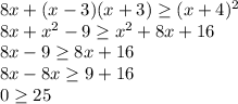 8x+(x-3)(x+3) \geq (x+4)^2
\\8x+x^2-9 \geq x^2+8x+16
\\8x-9 \geq 8x+16
\\8x-8x \geq 9+16
\\0 \geq 25