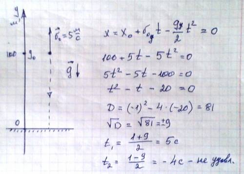 Саэростата,находящегося на высоте 100м,упал камень.через сколько времени камень достигнет земли,если