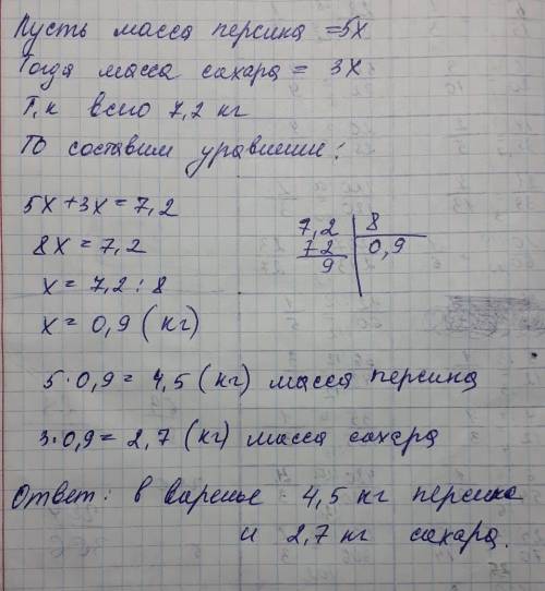 Вперсиковом варенье отношение массы персика к массе сахара равно 5: 3.сколько килограммов персика и