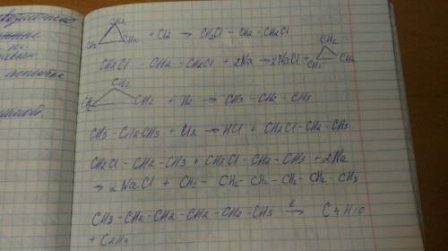 Циклопропан —> 1,3-дихлорпропан —> циклопропан —> пропан —> хлорпропан —> гексан —&gt