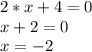 2*x + 4 = 0 \\
x + 2 = 0 \\ 
x = -2