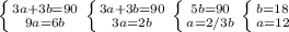 \left \{ {{3a+3b=90} \atop {9a=6b}} \right. 
 \left \{ {{3a+3b=90} \atop {3a=2b} \right. 
 \left \{ {{5b=90} \atop {a=2/3b}} \right. 
 \left \{ {{b=18} \atop {a=12}} \right.