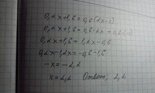 При каком значении переменной x выражение 0,2x+1,6 равно выражению 0,6(2x-1)
