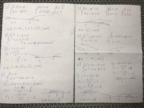 Решите систему неравенства: { 1-5х> 12 {6х-18> 0; 2){ х^2+х-6> 0 {х^2+х +6> 0; 3){х<