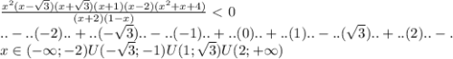 \frac{x^2(x- \sqrt{3} )(x+ \sqrt{3} )(x+1)(x-2)(x^2+x+4)}{(x+2)(1-x)} \ \textless \ 0\\
..-..(-2)..+..(- \sqrt{3}) ..-..(-1)..+..(0)..+..(1)..-..( \sqrt{3}) ..+..(2)..-.\\
x\in(-\infty;-2) U(- \sqrt{3};-1)U(1; \sqrt{3})U(2;+\infty)