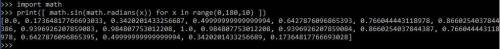 Вывести на экран значения функции у=sin(x) для 0≤x≤180 c шагом в 10.