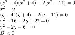 (x^2-4)(x^2+4)-2(x^2-11)=0
\\x^2=y
\\(y-4)(y+4)-2(y-11)=0
\\y^2-16-2y+22=0
\\y^2-2y+6=0
\\D\ \textless \ 0