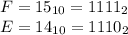F=15_{10}=1111_2 \\
E=14_{10}=1110_2
