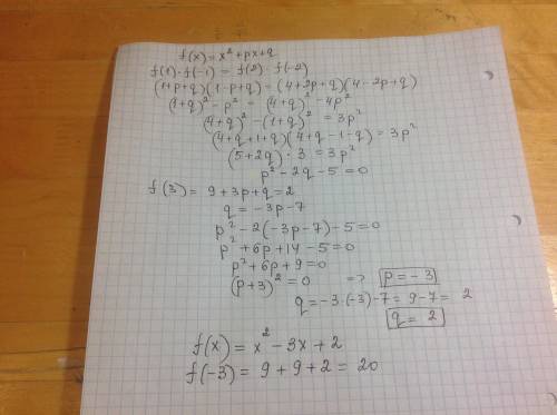 Про квадратный трехчлен f(x) =x²+px+q известно, что f(1)f(-1)=f(2)f(-2), а f(3)=2. найдите f(-3).
