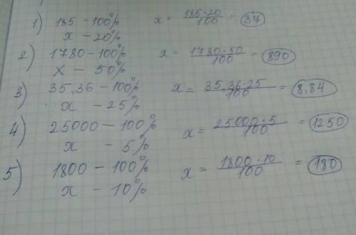 Найти: 20% от 185 км 50% от 1780 кг 25% от 35,36км 5% от 25000 10% от 1800