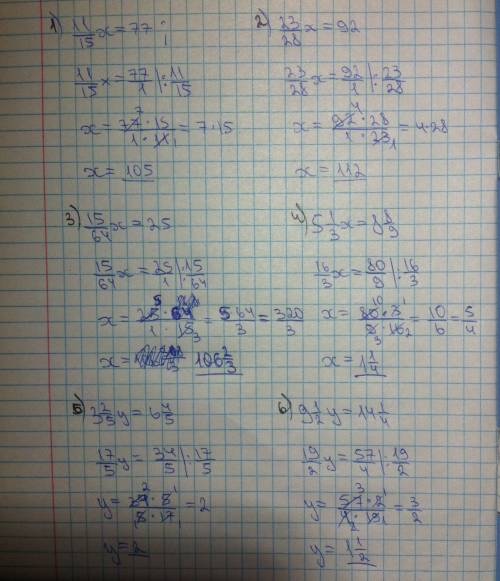 Решите урвнение. 11/15х=77 23/28х=92 15/64х=25 5целых1/3х=8целых8/9 3целых2/5у=6целых4/5 9целых1/2у=