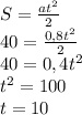 S= \frac{at^2}{2} 
\\40= \frac{0,8t^2}{2} 
\\40=0,4t^2
\\t^2=100
\\t=10