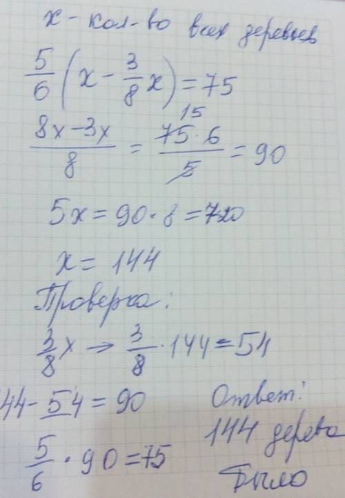 Первая группа посадила 3/8 части всех деревьев , а вторая группа 5/6 части оставшихся деревьев.сколь