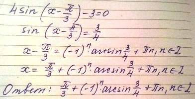 Іть будь ласка з рівняннями 4sin(x-п/3)-3＝0