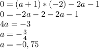 0=(a+1)*(-2)-2a-1
\\0=-2a-2-2a-1
\\4a=-3
\\a=- \frac{3}{4}
\\a=-0,75