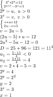 \left \{ {{3^x*2^y=12 } \atop {2^{y+1}-3^x=5}} \right. 
\\2^y=u,\ u\ \textgreater \ 0
\\3^x=v,\ v\ \textgreater \ 0
\\ \left \{ {{v*u=12} \atop {2u-v=5}} \right. 
\\v=2u-5
\\(2u-5)*u=12
\\2u^2-5u-12=0
\\D=25+96=121=11^2
\\u_1= \frac{5-11}{4} \ \textless \ 0
\\u_2= \frac{5+11}{4} =4
\\v=2*4-5=3
\\2^y=4
\\2^y=2^2
\\y=2
\\3^x=3
\\x=1