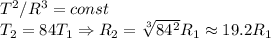 T^2/R^3 = const\\
T_2 = 84T_1 \Rightarrow R_2 = \sqrt[3]{84^2}R_1 \approx 19.2 R_1