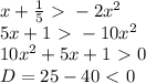 x+ \frac{1}{5}\ \textgreater \ -2x^2
\\5x+1\ \textgreater \ -10x^2
\\10x^2+5x+1\ \textgreater \ 0
\\D=25-40\ \textless \ 0