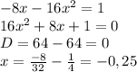-8x-16x^2=1
\\16x^2+8x+1=0
\\D=64-64=0
\\x= \frac{-8}{32} - \frac{1}{4}=-0,25