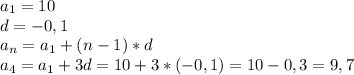a_1=10
\\d=-0,1
\\a_n=a_1+(n-1)*d
\\a_4=a_1+3d=10+3*(-0,1)=10-0,3=9,7