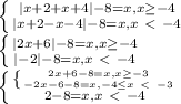 \left \{ {{|x+2+x+4|-8=x,x
\geq -4} \atop {|x+2-x-4|-8=x,x\ \textless \ -4}} \right. \\ \left \{
{{|2x+6|-8=x,x \geq -4} \atop {|-2|-8=x,x\ \textless \ -4}} \right. \\ \left \{
{{ \left \{ {{2x+6-8=x,x \geq -3} \atop {-2x-6-8=x,-4 \leq x \ \textless \ -3}}
\right. } \atop {2-8=x,x\ \textless \ -4}} \right.