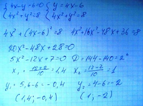 Система уравнений {4х-у-6=0 4х+у=8