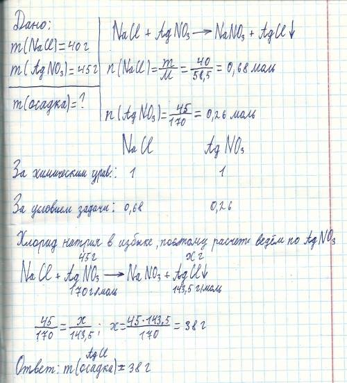 Определите массу осадка, полученного при взаимодействии 40 г хлорида натрия и 45 г нитрата серебра