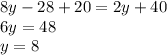 8y -28 + 20 = 2y+40\\
6y = 48\\
y = 8