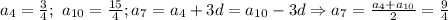 a_4=\frac{3}{4};\ a_{10}=\frac{15}{4}; a_7=a_4+3d=a_{10}-3d\Rightarrow
a_7=\frac{a_4+a_{10}}{2}=\frac{9}{4}