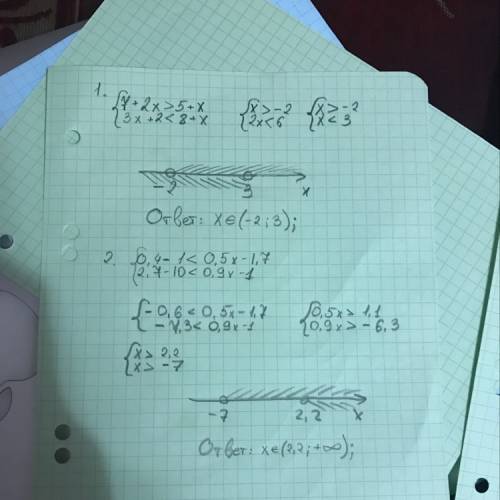 Решите систему неравенств {7+2х> 5+х,3х+2< 8+х; . {0,4-1< 0,5х-1,7, 2,7-10< 0,9х-1; с ко