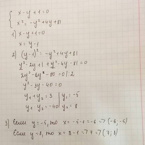 Решите систему уравнений -x-y+1=0 x^2=-y^2+4y+81