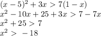 (x-5)^2+3x\ \textgreater \ 7(1-x)
\\x^2-10x+25+3x\ \textgreater \ 7-7x
\\x^2+25\ \textgreater \ 7
\\x^2\ \textgreater \ -18