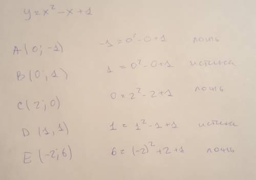 Принадлежит ли графику функции y=x^2-x+1 точка: 1)a (0; -1); 2)b (0,1); 3)c (2; 0); 4)d (1,1); 5)e (