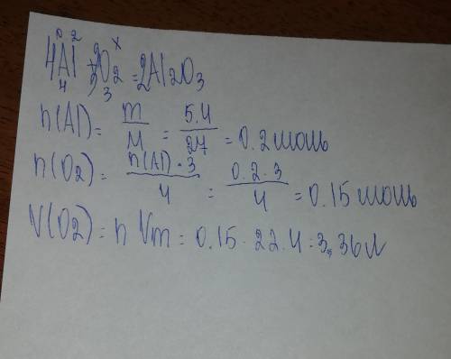 Сколько литров кислорода необходимо для сгорания 5,4 грамм алюминия: al + o2 = al2o3